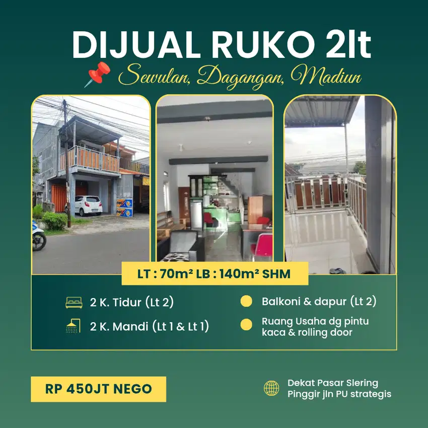 Dijual RUKO 2lt Dekat Pasar Slering Sewulan Madiun