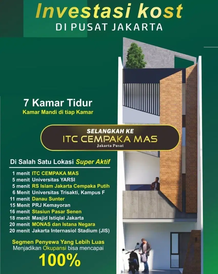 Rumah Kos 3Lt. Type130/45 Strategis Full Akses Kemayoran Jakarta Pusat