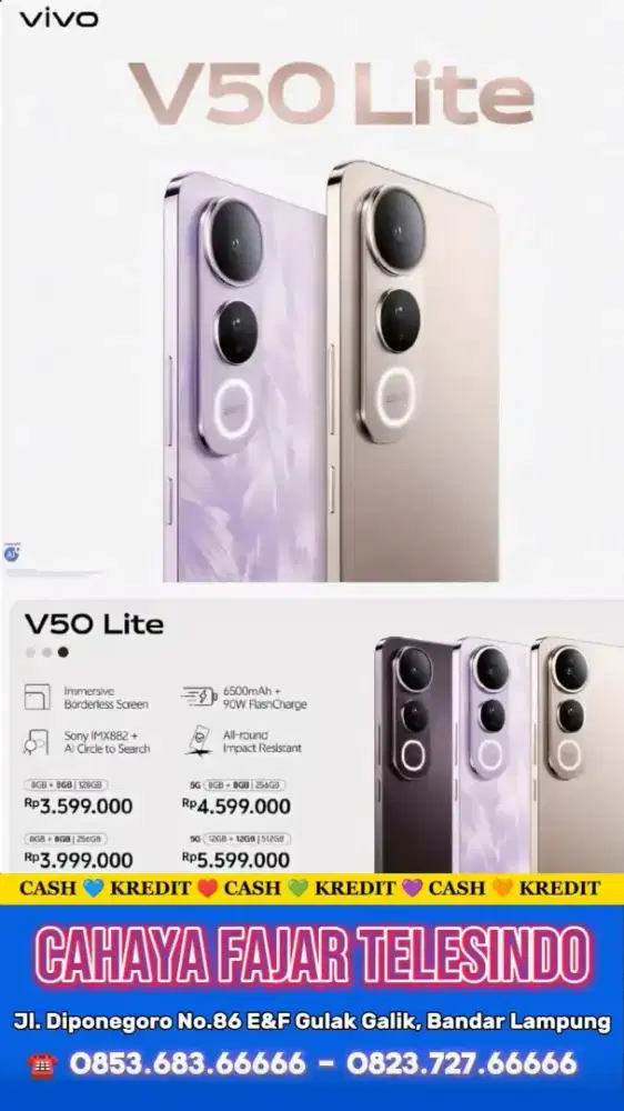 Vivo V50 Lite 5G ram 12gb + 12gb / 512gb garansi resmi pasti ORI
