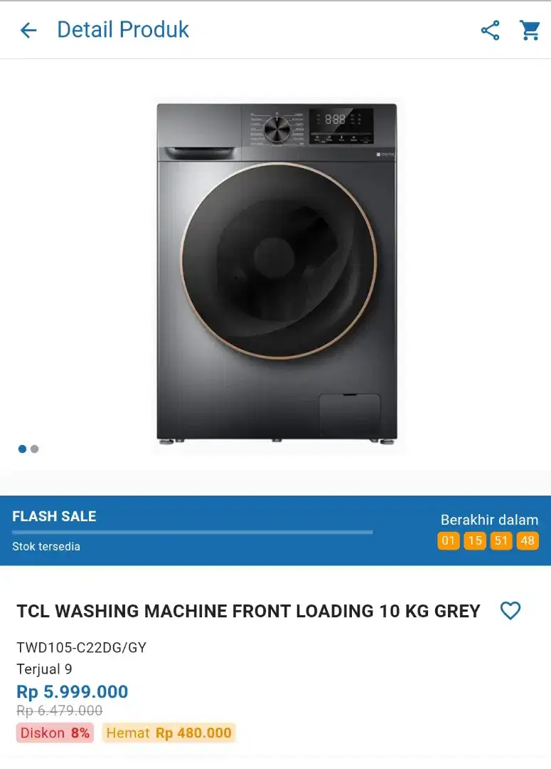 TCL WASHING MACHINE FRONT LOADING 10Kg TWD105-C22DG