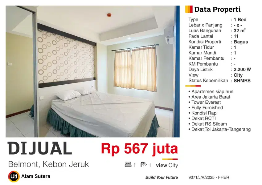 Dijual Apartemen 1BR Full Furnished Belmont Residence Kebon Jeruk