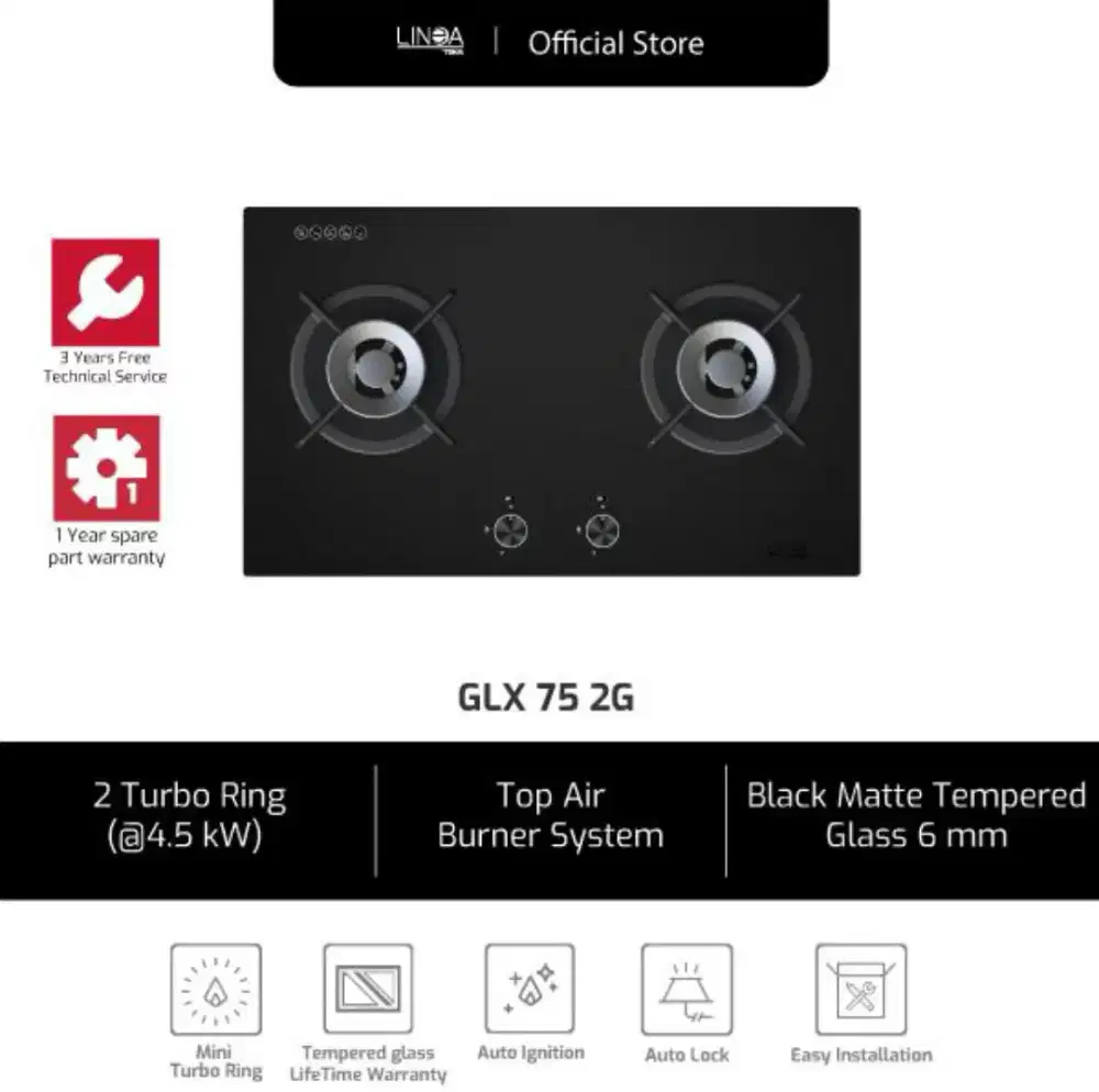 LINEA KOMPOR TANAM GAS 2 TUNGKU 75 CM Type GLX 75 2G ,BARU GRESS, GARA