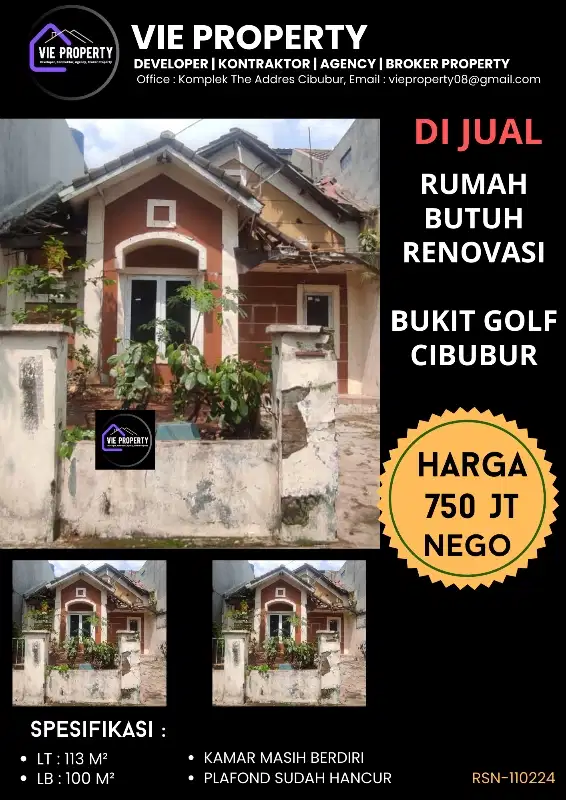 DIJUAL TANAH Murah DENGAN RUMAH RUSAK, di Bukit Golf Cibubur