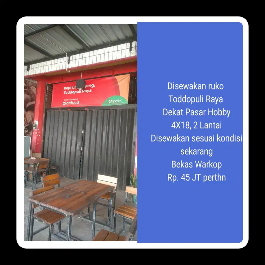 Disewakan ruko  Toddopuli Raya  Dekat Pasar Hobby 4X18, 2 Lantai