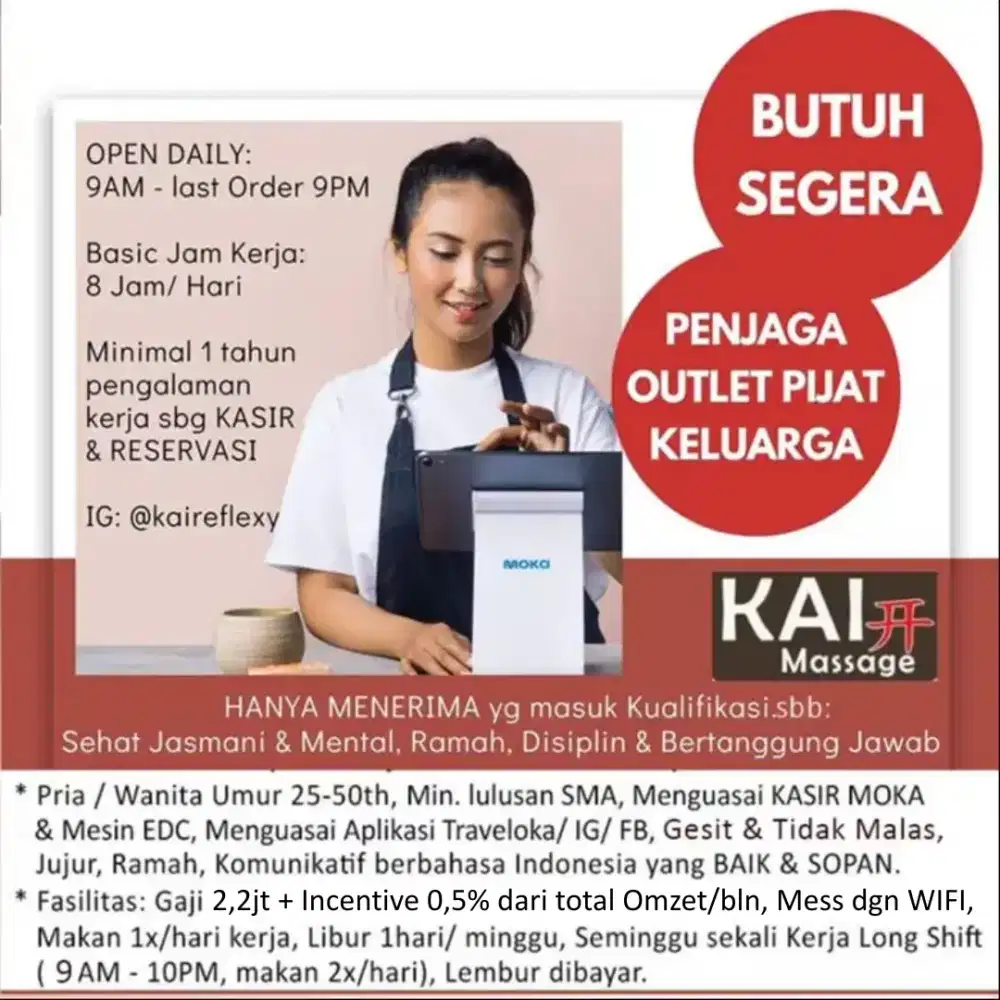 BUTUH SEGERA 1 orang Penjaga Outlet (PO) utk Outlet Pijat Keluarga
