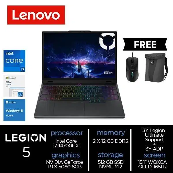 Lenovo Legion 5i 15IRX10 Core i7-14700HX 24GB 512GB RTX 5060 8GB W11