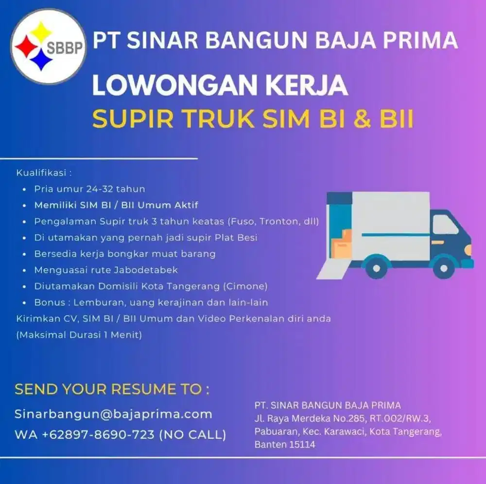 Butuh SEGERA Supir Truk Colt Diesel