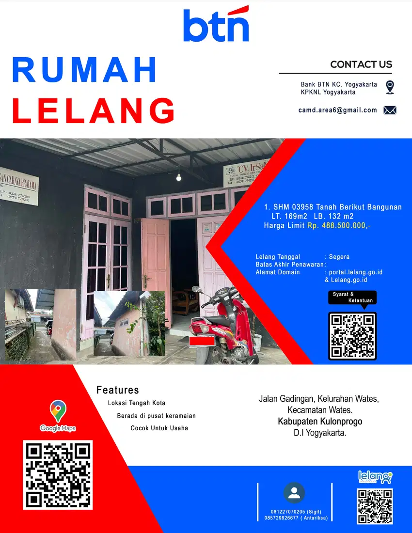 Rumah Tinggal berlokasi sangat Strategis di pusat kota Wates