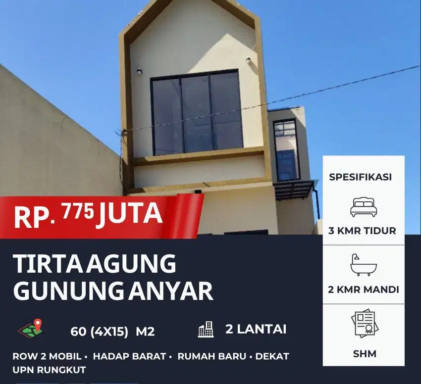 GUNUNGANYAR 2 Lantai ‼️ Rumah Baru dekat UPN Rungkut Row Jalan Lega