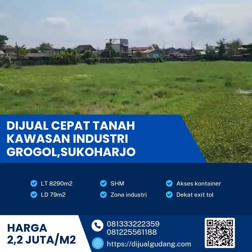 Tanah Industri Dijual di Grogol – Luas 8.290m², Lebar Depan 79m,