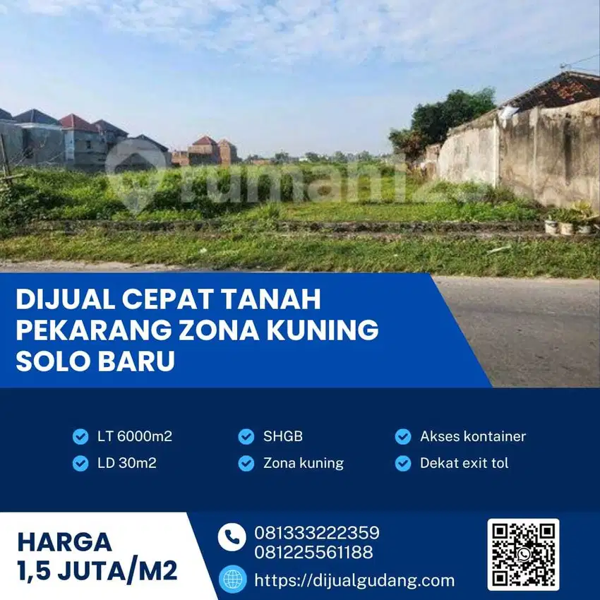 Tanah zona kuning lokasi Solo Baru luas 6000 meter sangat strategis