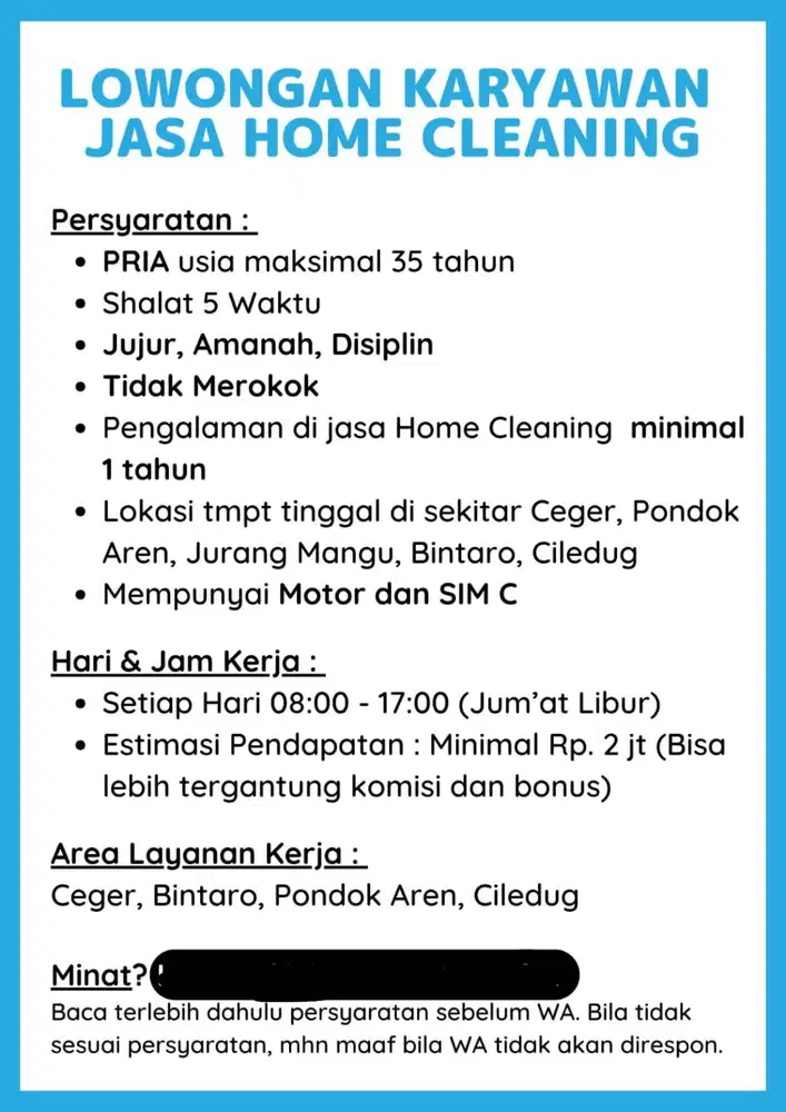 LOWONGAN KERJA CLEANING SERVIS ONLINE BINTARO