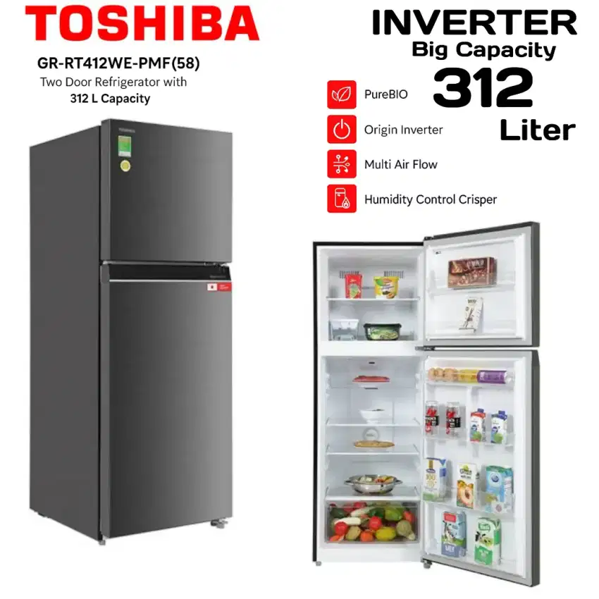TOSHIBA Japan Kulkas 2 PINTU INVERTER 312 Liter BioPURE TurbobCooling