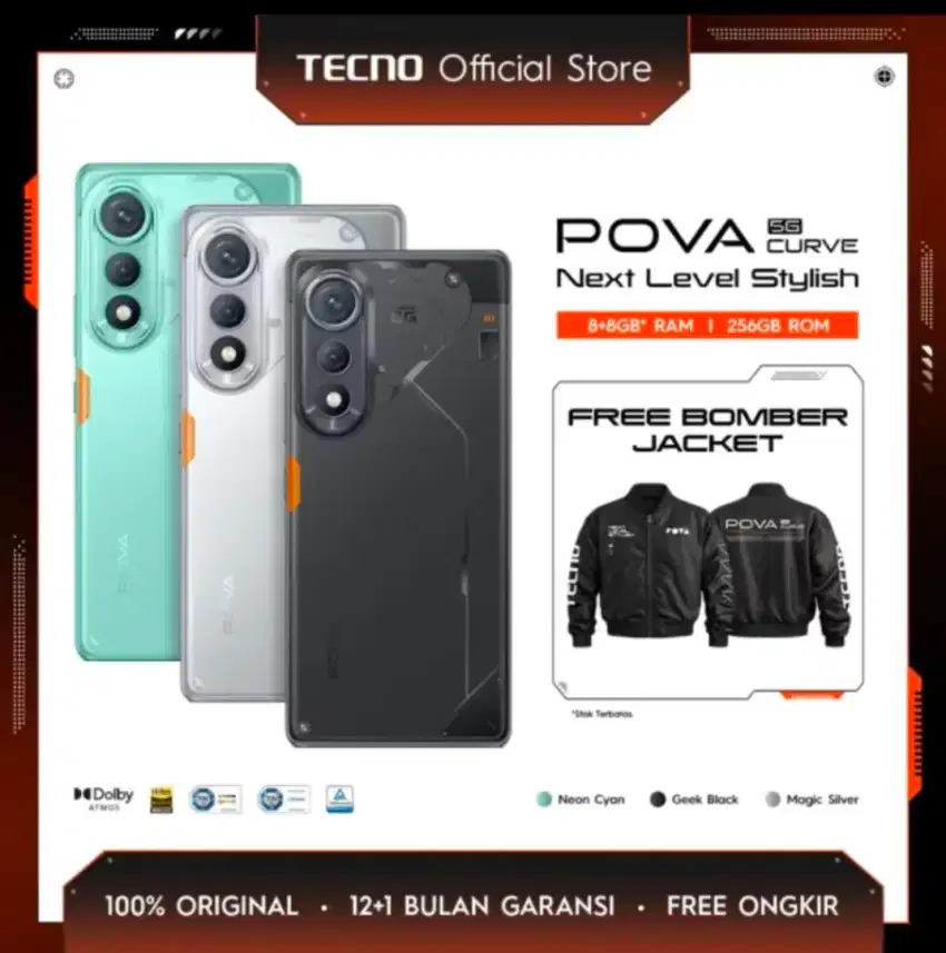 Tecno pova curve 5G 8/256 BARU SEGEL magic silver free jaket bomber