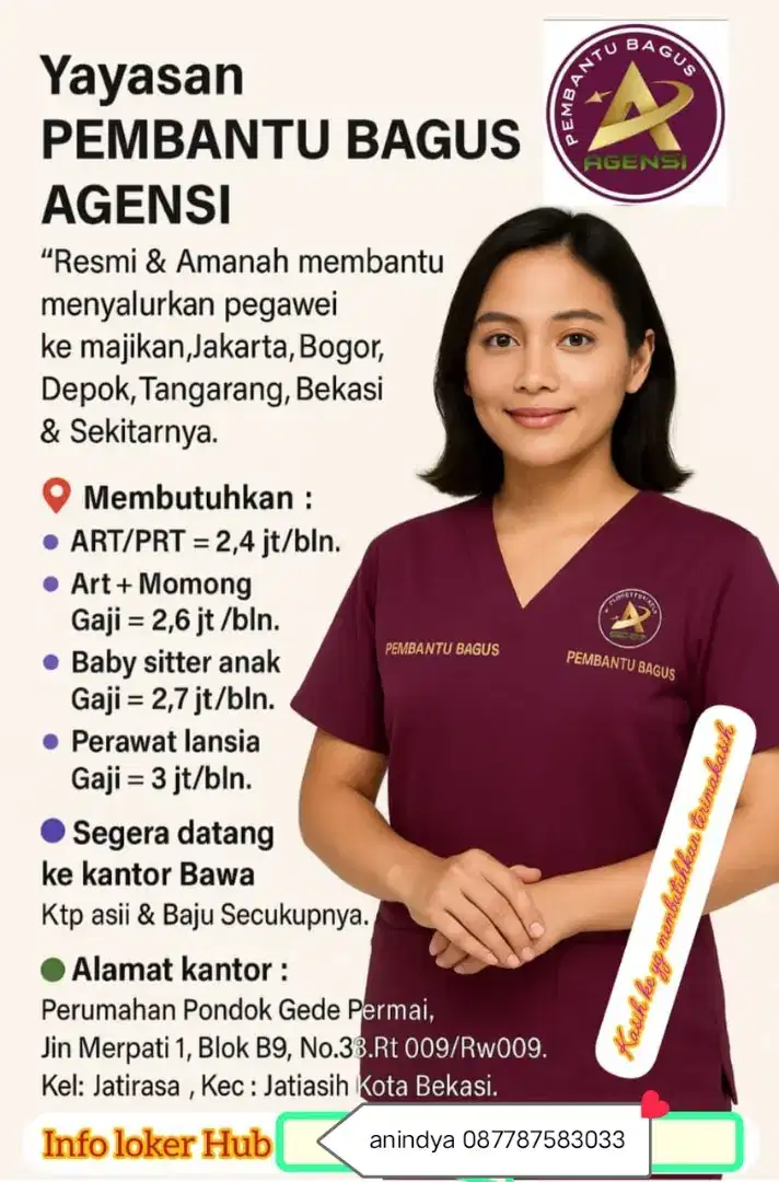 Dibutuhkan art baby sitter perawat lansia menginap
