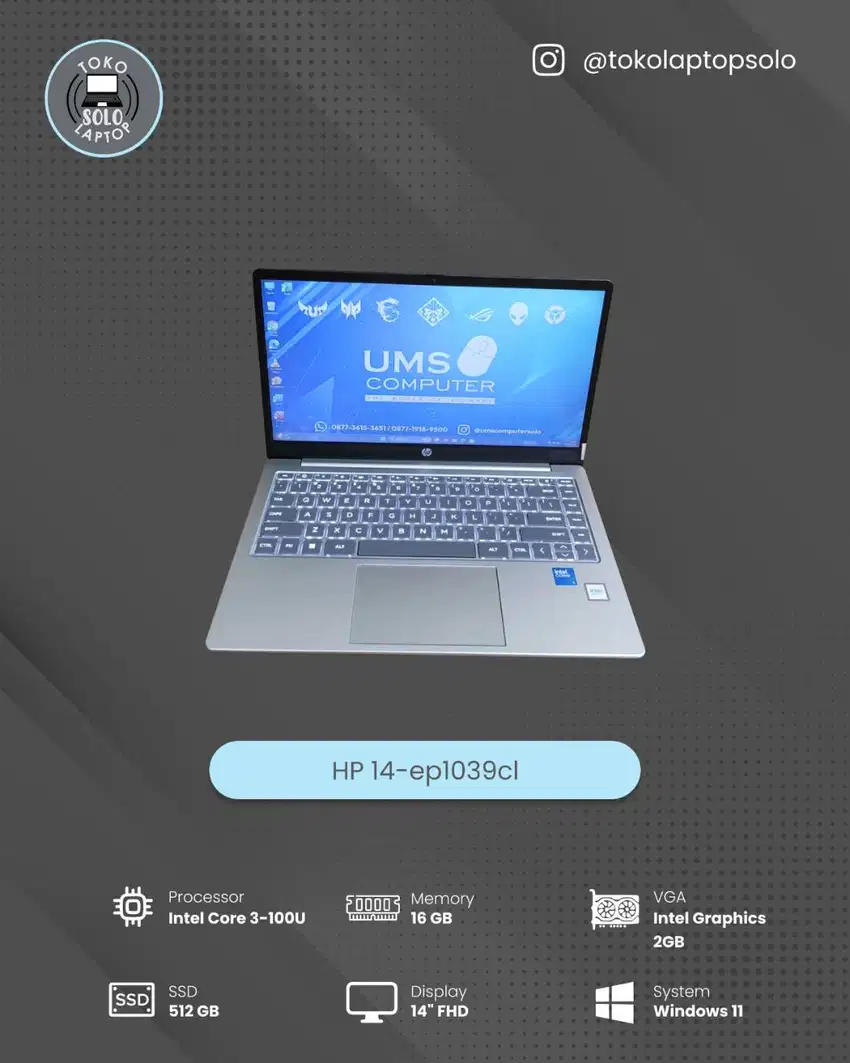 HP 14-EP1038CL CORE 3-100U RAM 16GB SSD 512GB FULLSET