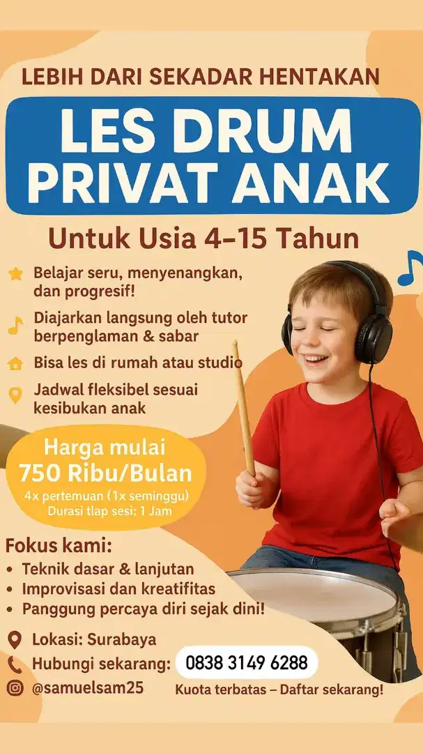 Kursus les drum privat anak