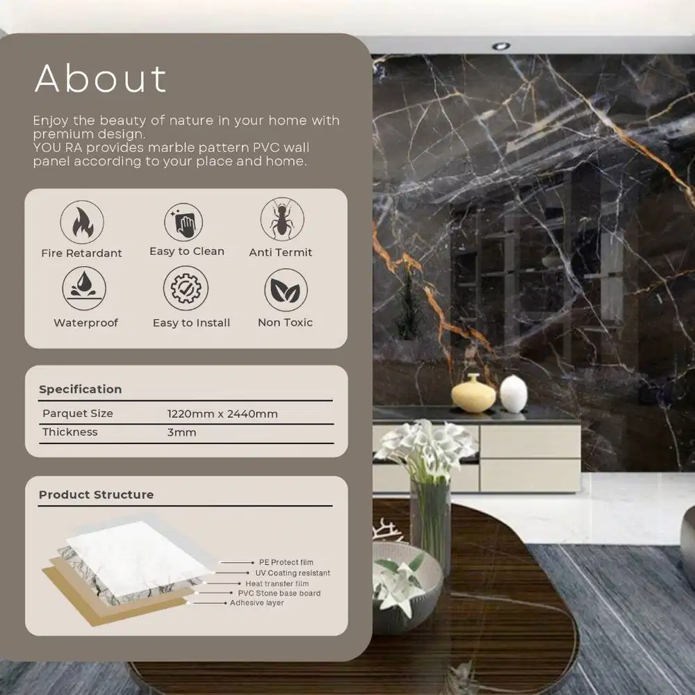 PVC MARMER YOURA 2,44M X 1,22M / DECORASI DINDING BERKUALITAS