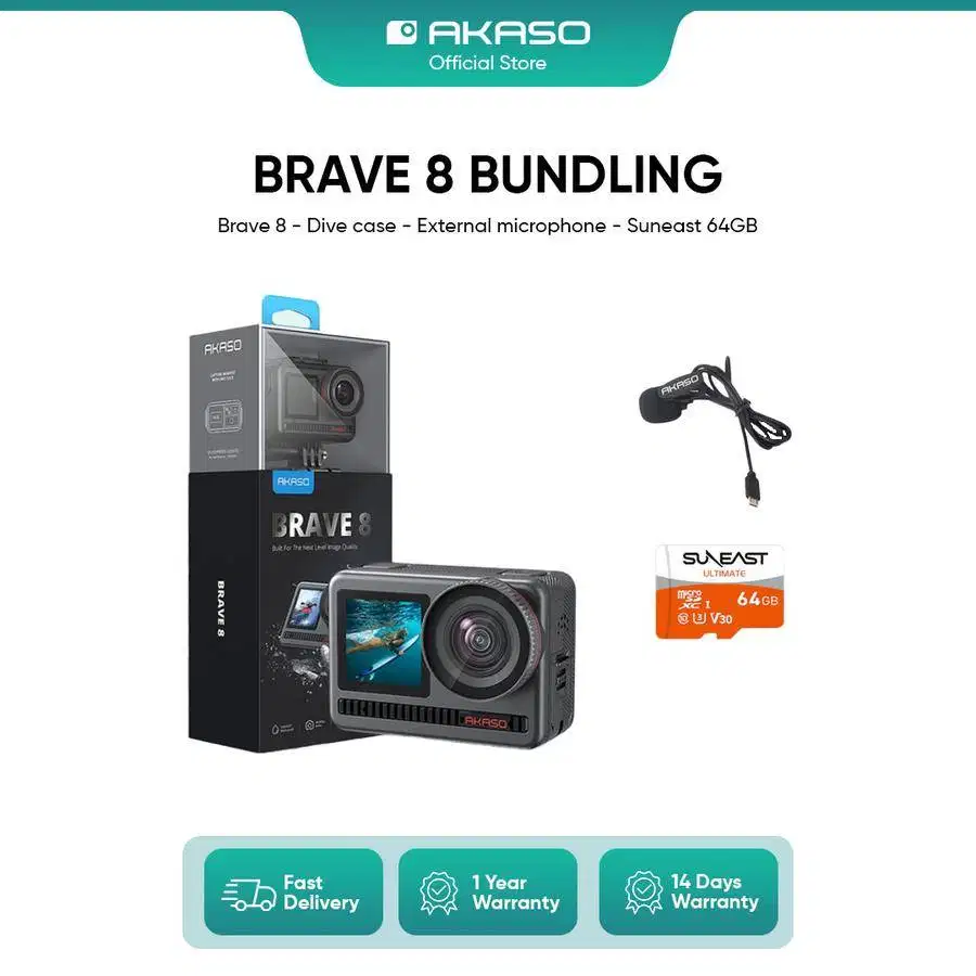 Akaso Brave 8 4K 60FPS Waterproof Action Camera Dual Screen Bundle