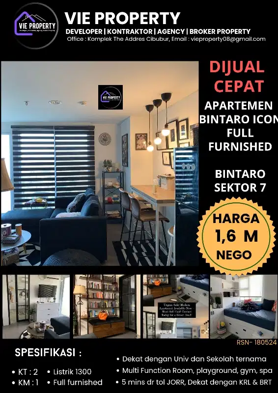 DIJUAL APARTEMEN RAPI FULLY FURNISHED DI BINTARO ICON