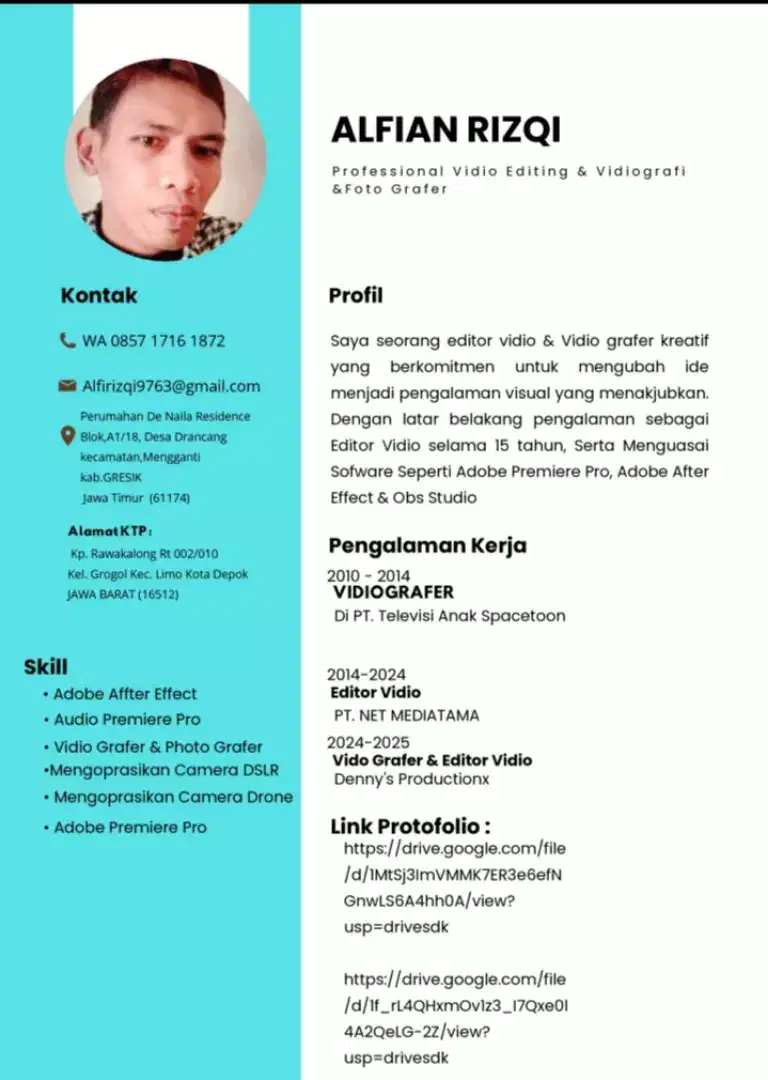 Cari kerja, Editor Vidio, Photoshop, Vidieografer, Conten Creator.