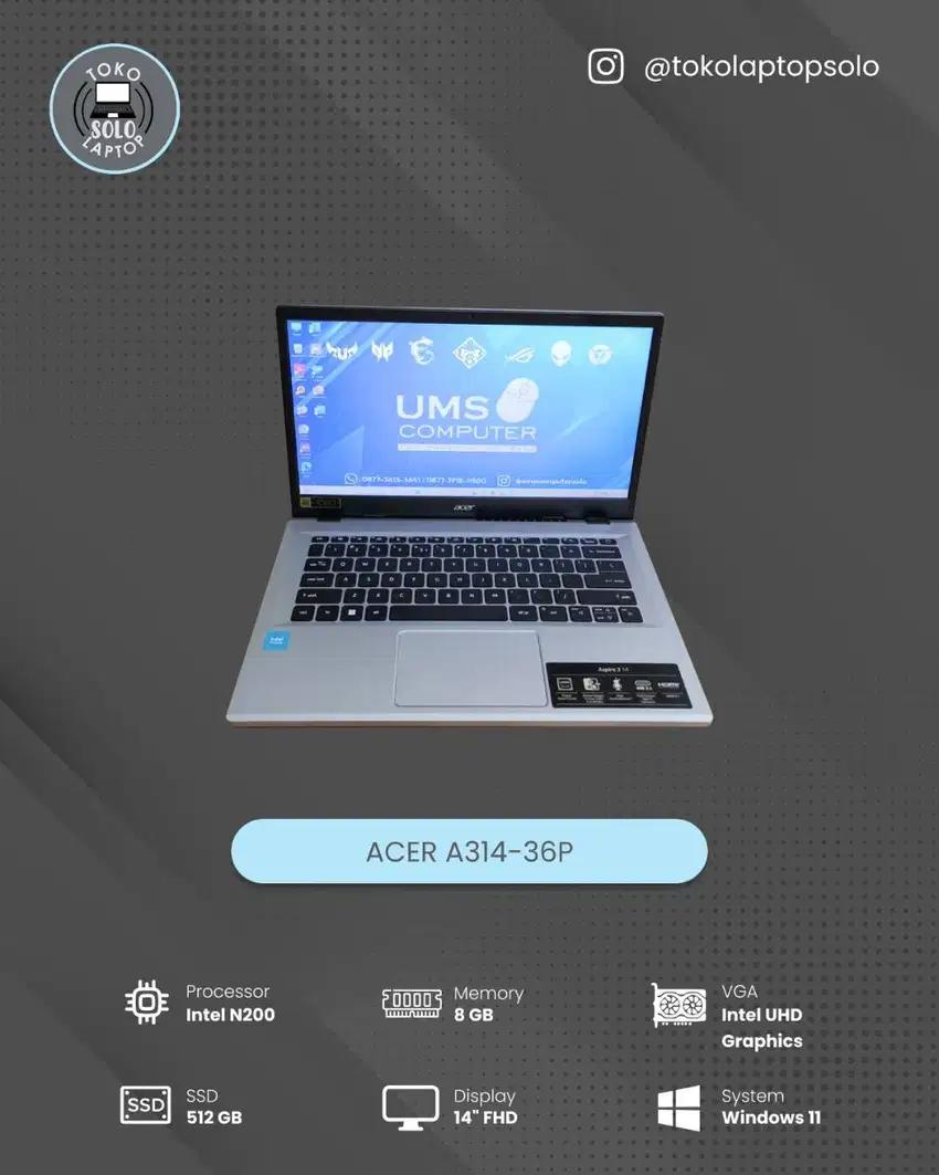 ACER A314-36P INTEL N200 RAM 8GB SSD 512GB Intel UHD Graphics FHD