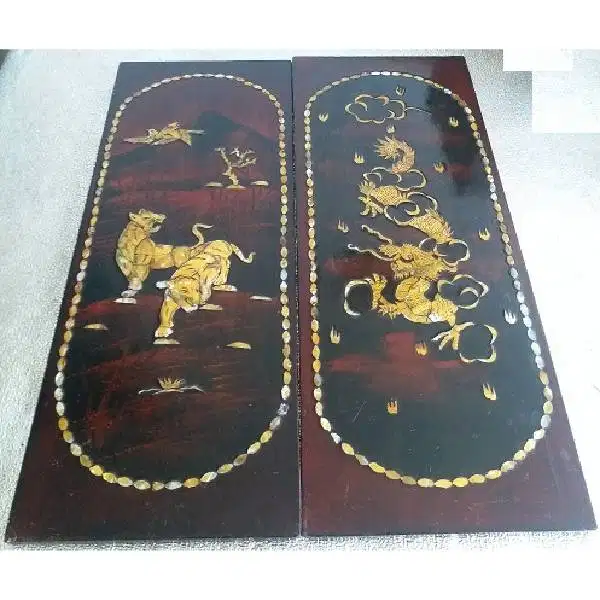 Antik hiasan dinding KIMO tiger and dragon fire Cina kayu Swan Chi
