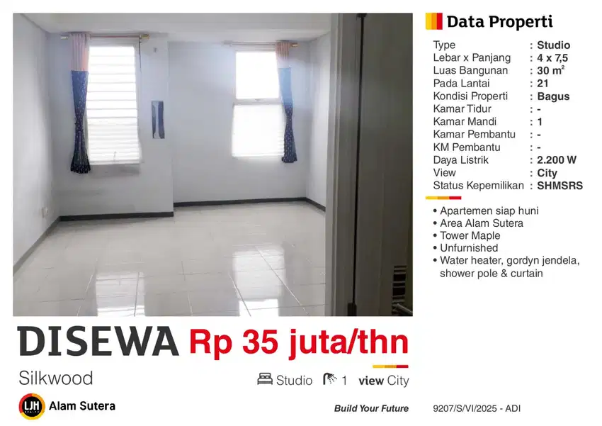 Disewa Apartemen Studio Unfurnished Silkwood Sebelah BiNus AlSut