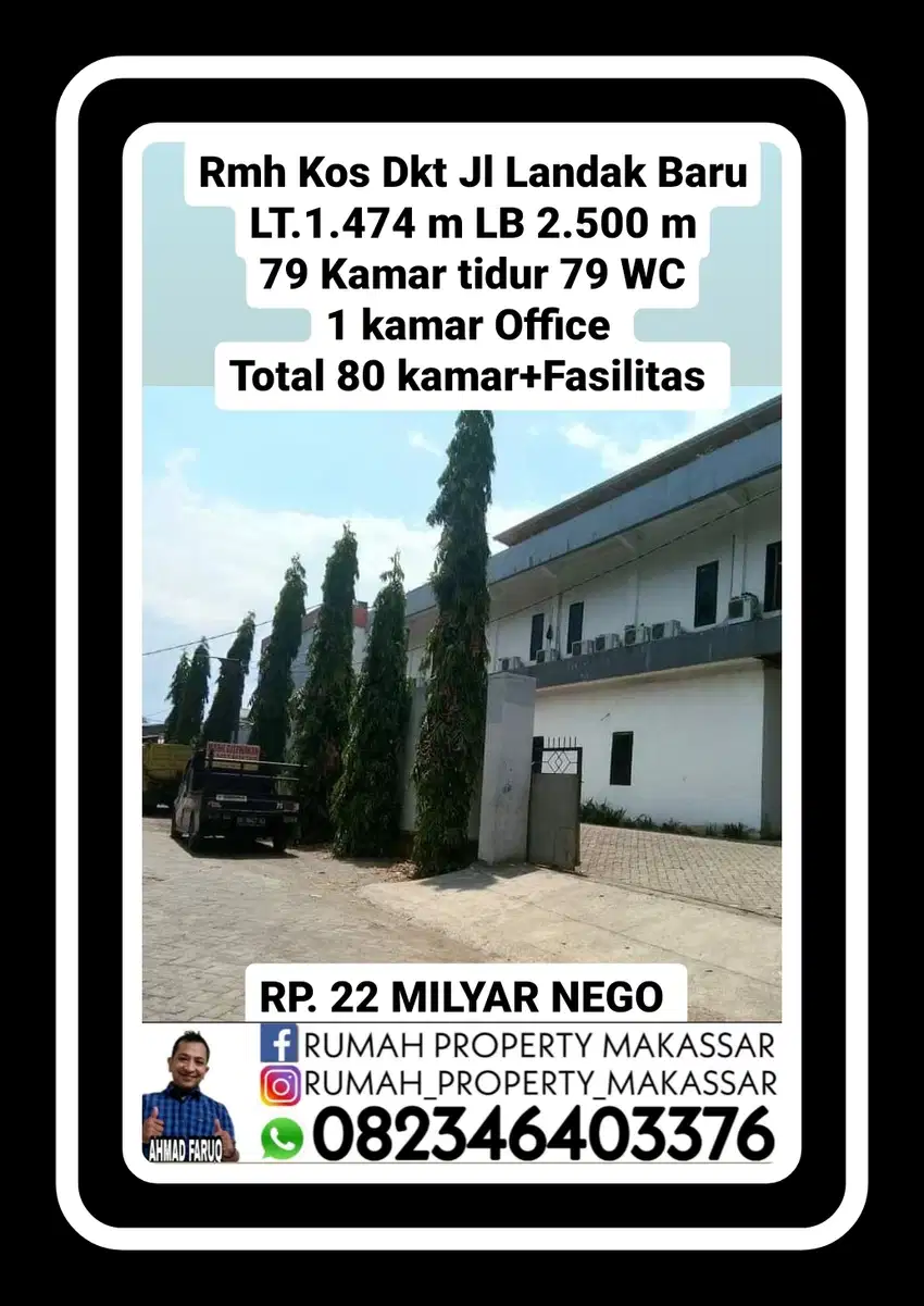 Rumah Kos Dkt Jl Landak Baru LT1.474 m LB 2.500 m  80 Kamar 80 WC