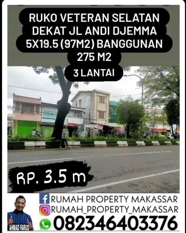 Ruko JL Veteran Selatan 5X19.5 (97m2)  LB 275m2 3 Lti Dkt Andi Djemma