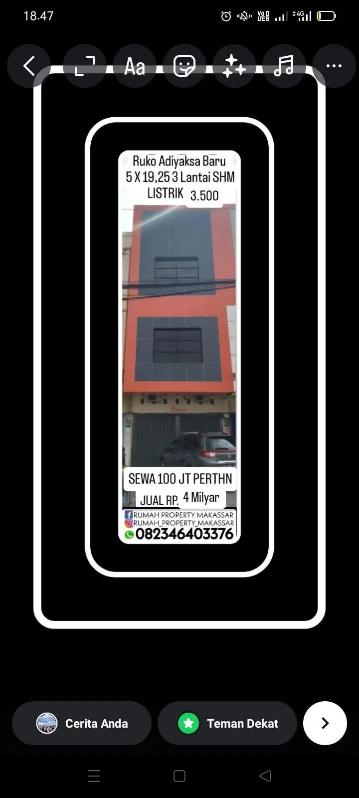 Dijual atau Disewakan  Ruko Adiyaksa Baru  5 X 19,25 3 Lantai Sewa