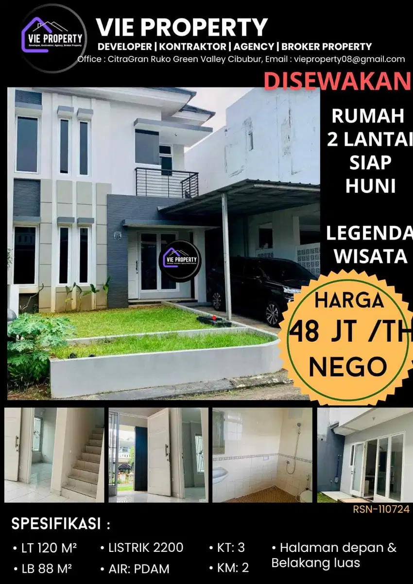 Di Sewakan Rumah Cantik Siap Huni Unfurnish. Legenda Wisata Cibubur.