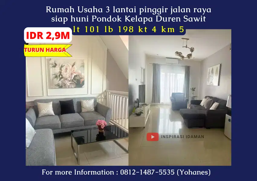 Rumah Usaha 3 lantai pinggir jalan raya siap huni Pondok Kelapa