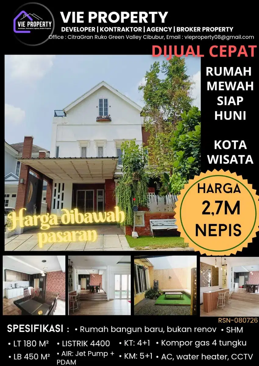Jual Cepat Rumah Cantik Siap Huni Cluster Favorite.Kota Wisata Cibubur