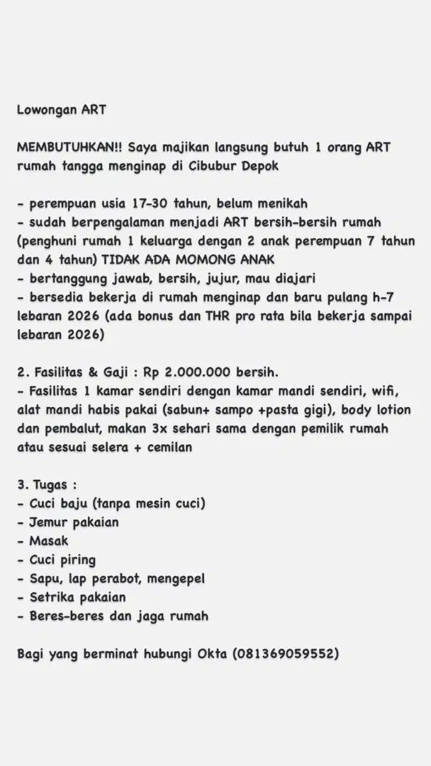 Lowongan ART menginap 1 orang