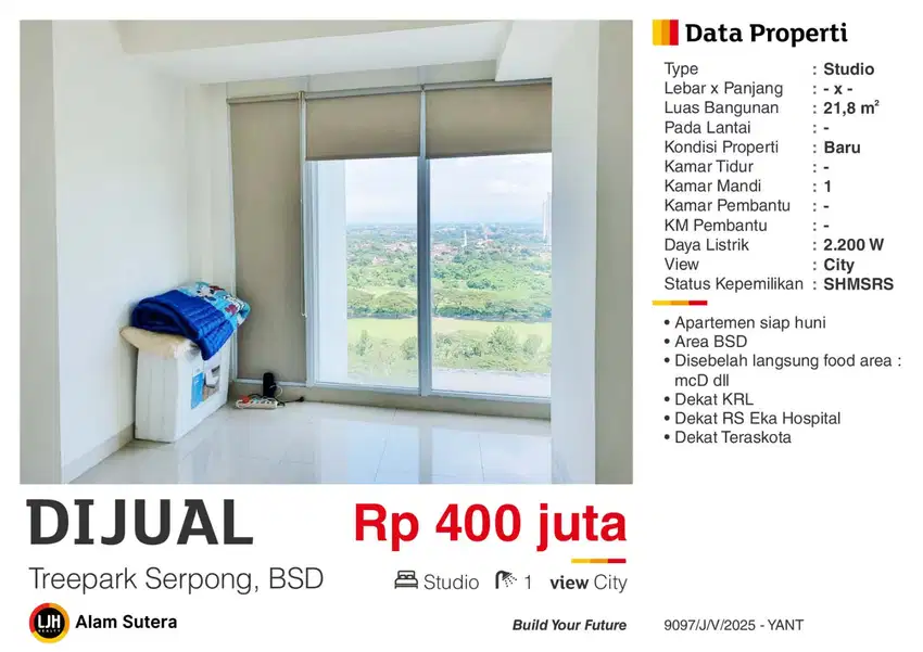Dijual Apartemen Studio Unfurnished  Murah SHM Treepark BSD