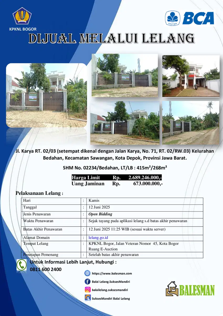 DIJUAL RUMAH MELALUI LELANG WILAYAH DEPOK