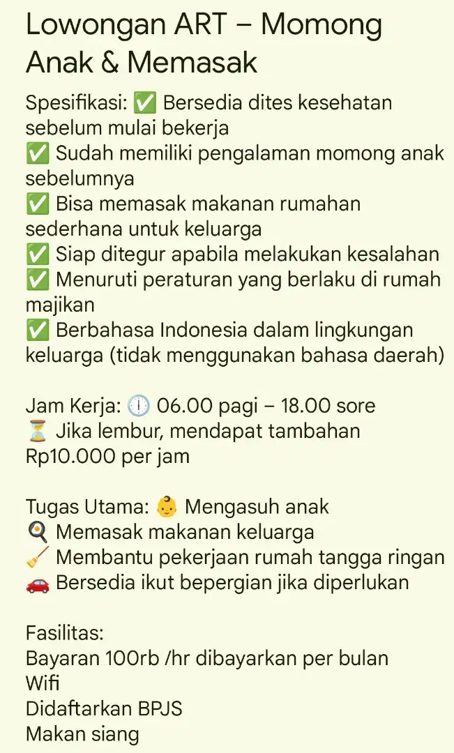 Lowongan ART – Momong Anak & Memasak