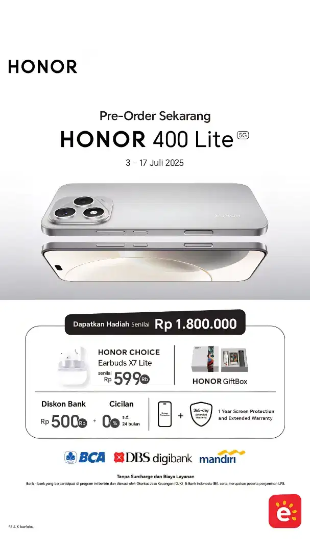 Cash, Credit PO Honor 400 Lite dp 200rb