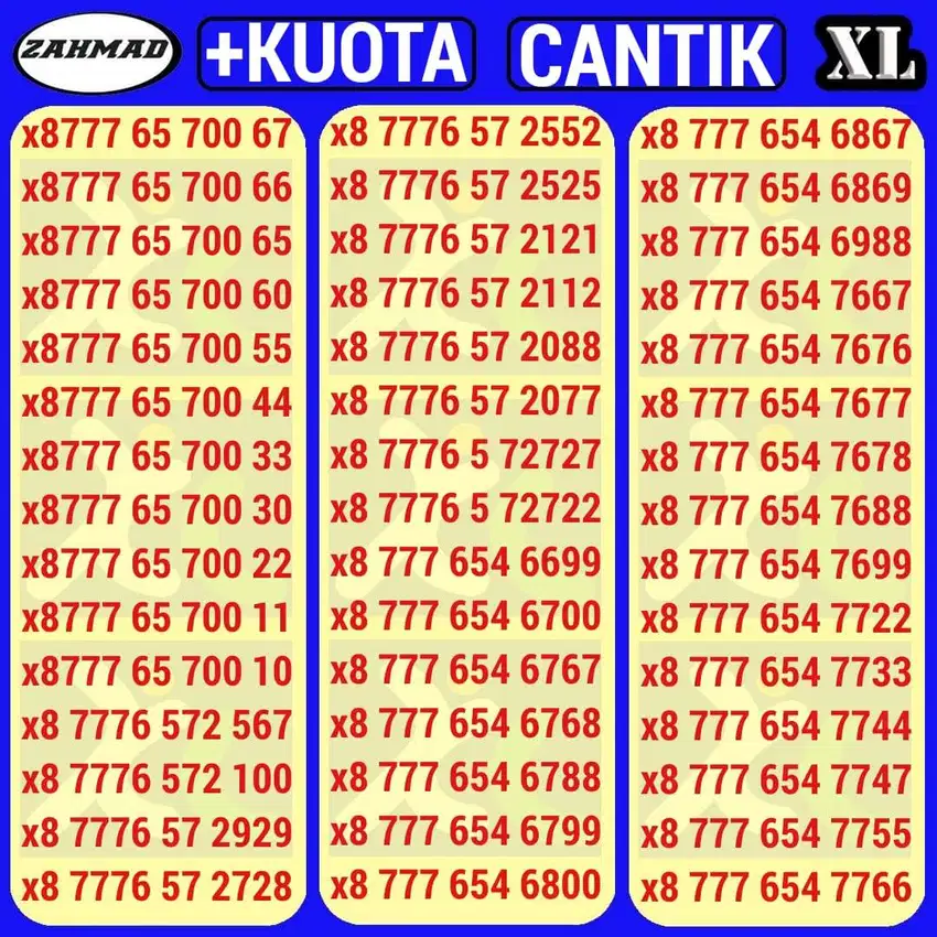 XL-A) NOCAN XL BONUS KUOTA kartu perdana nomor cantik triple AABB ABAB