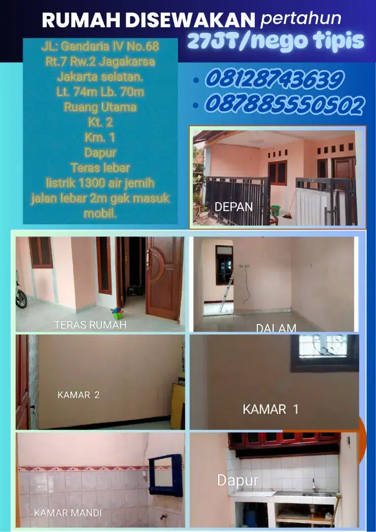 Disewakan Rumah kontrakan pertahun. Jagakarsa Jakarta Selatan