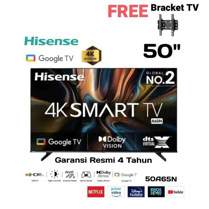 HISENSE 4K UHD 50 GOOGLE TV Dolby Atmos 50A65N HDR10+ Garansi Resmi