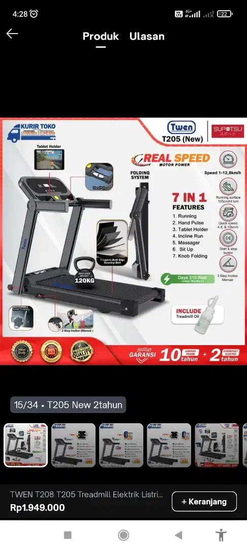 alat Treadmill type Twen T205,Elektrik Motorized