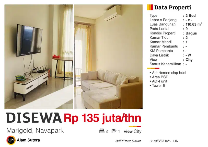 Disewa Apartemen 2BR Full Furnished di Marigold Navapark BSD