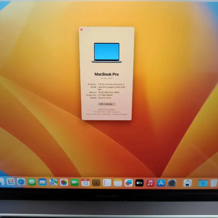 Macbook Pro 2019 Ram 16 Ssd 512 core I7 Space Grey Layar 16 inch Full