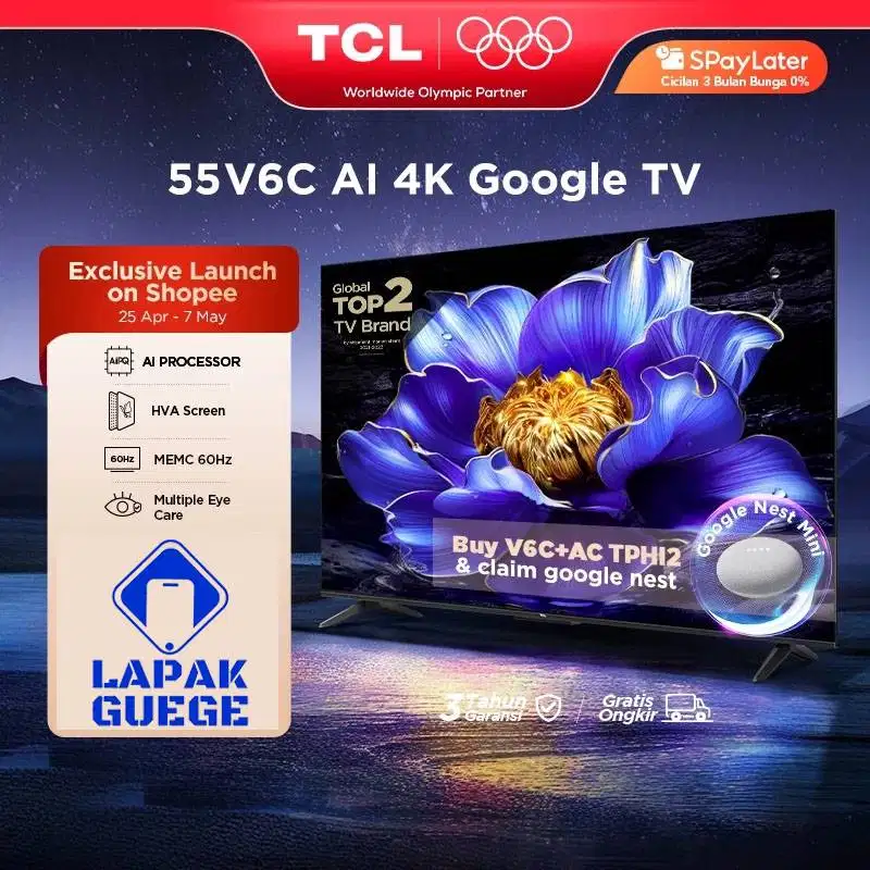 LED TV 55 INCH TCL 55V6C GOOGLE TV 4K UHD HVA PANEL Digital DVBT2 Baru