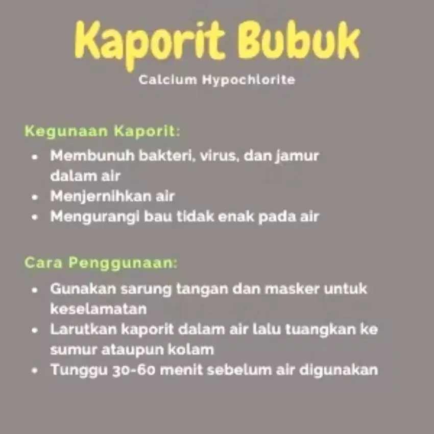 Jual Kaporit Bubuk, Tablet untuk Penjernih Air Sanitasi, Sumur, Kolam