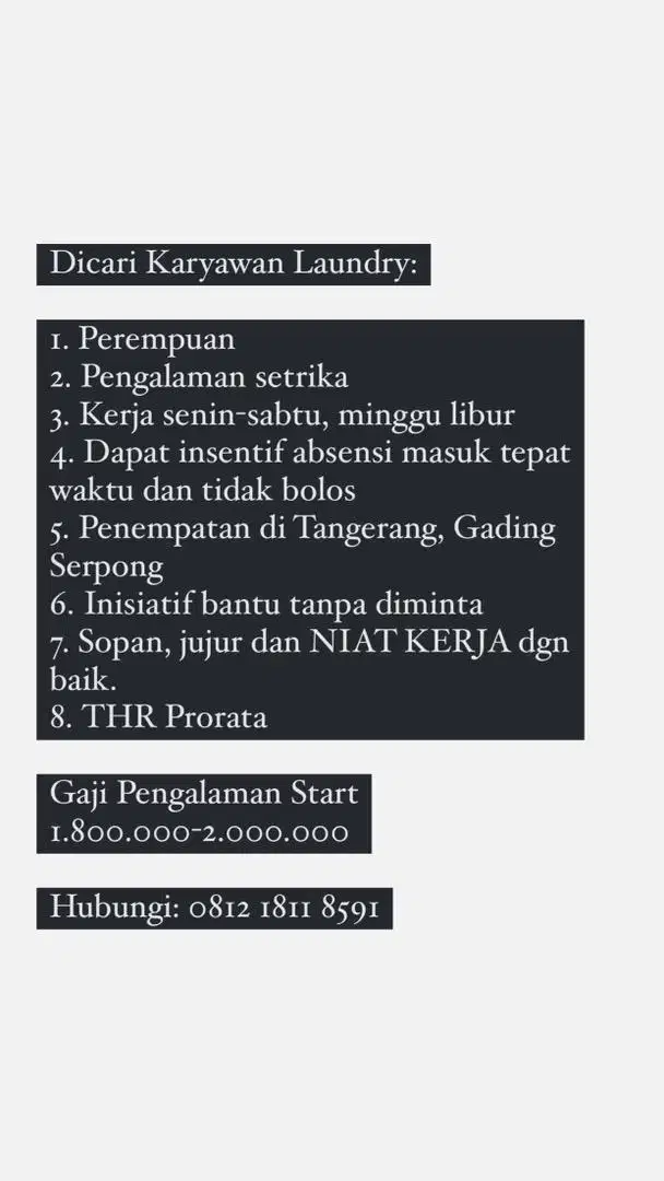 DICARI STAFF SETRIKA PART TIME GAJI MINGGUAN