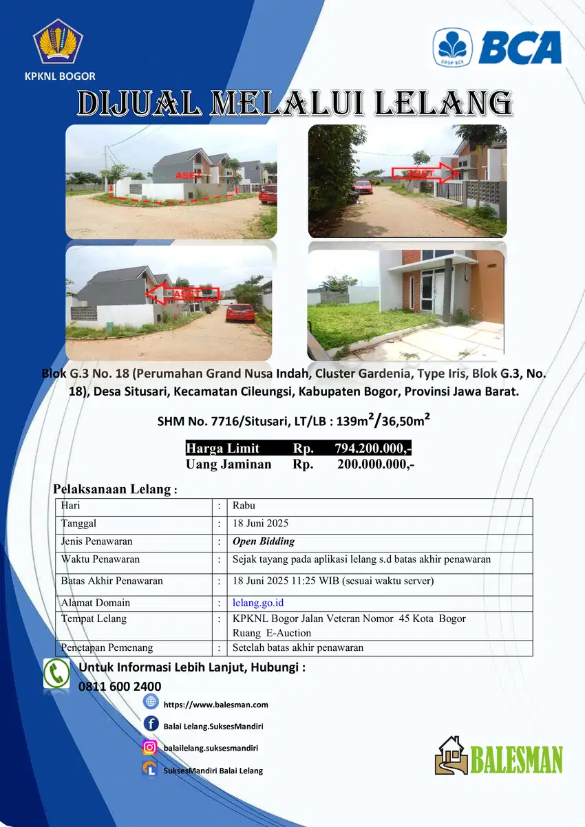 DIJUAL RUMAH MELALUI LELANG WILAYAH BOGOR