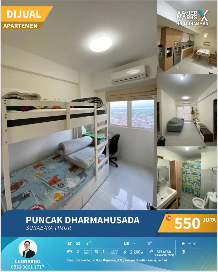 Apartemen Puncak Dharmahusada 2BR Furnish lantai 26 dekat Galaxy Mall